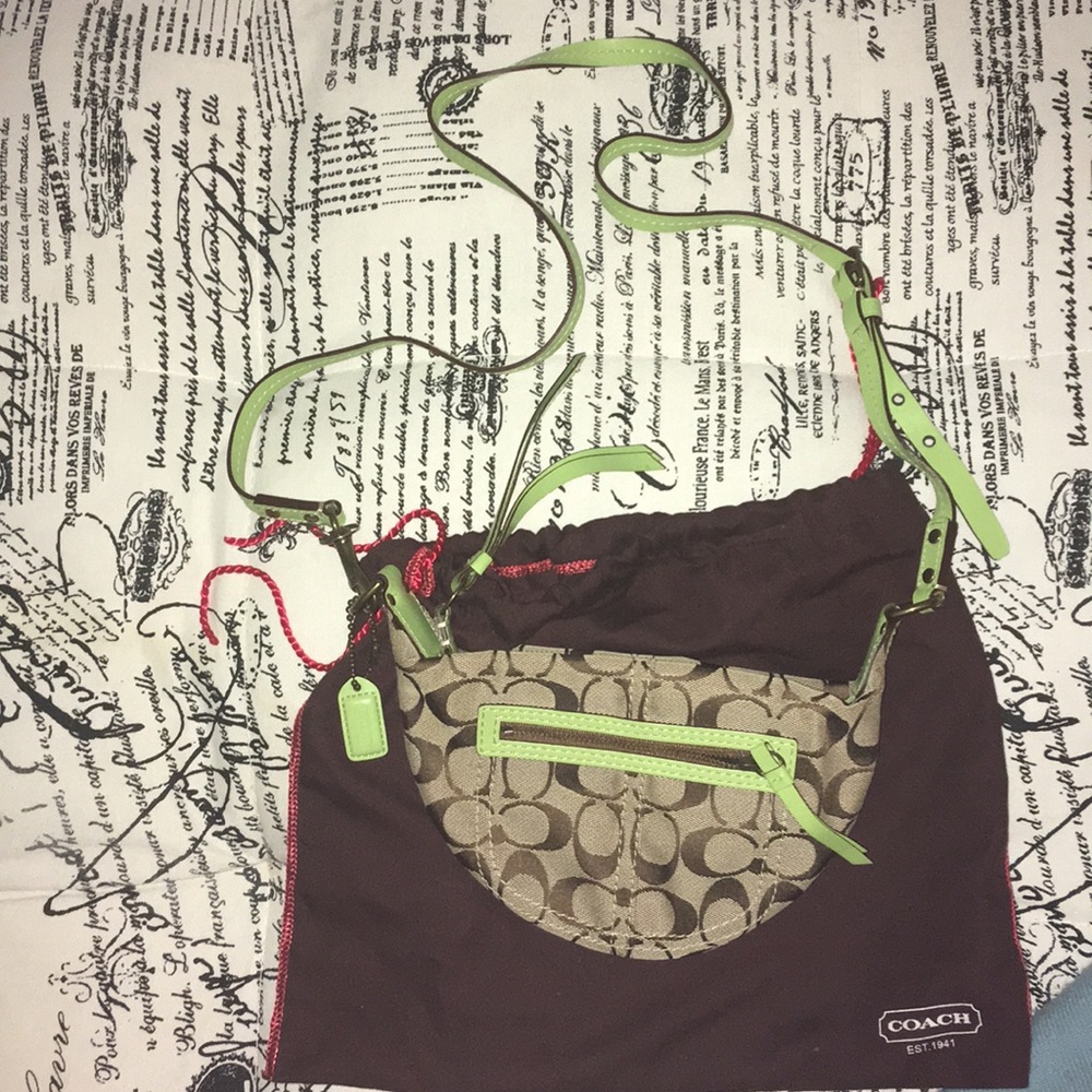 Coach tan and green mini shoulder bag